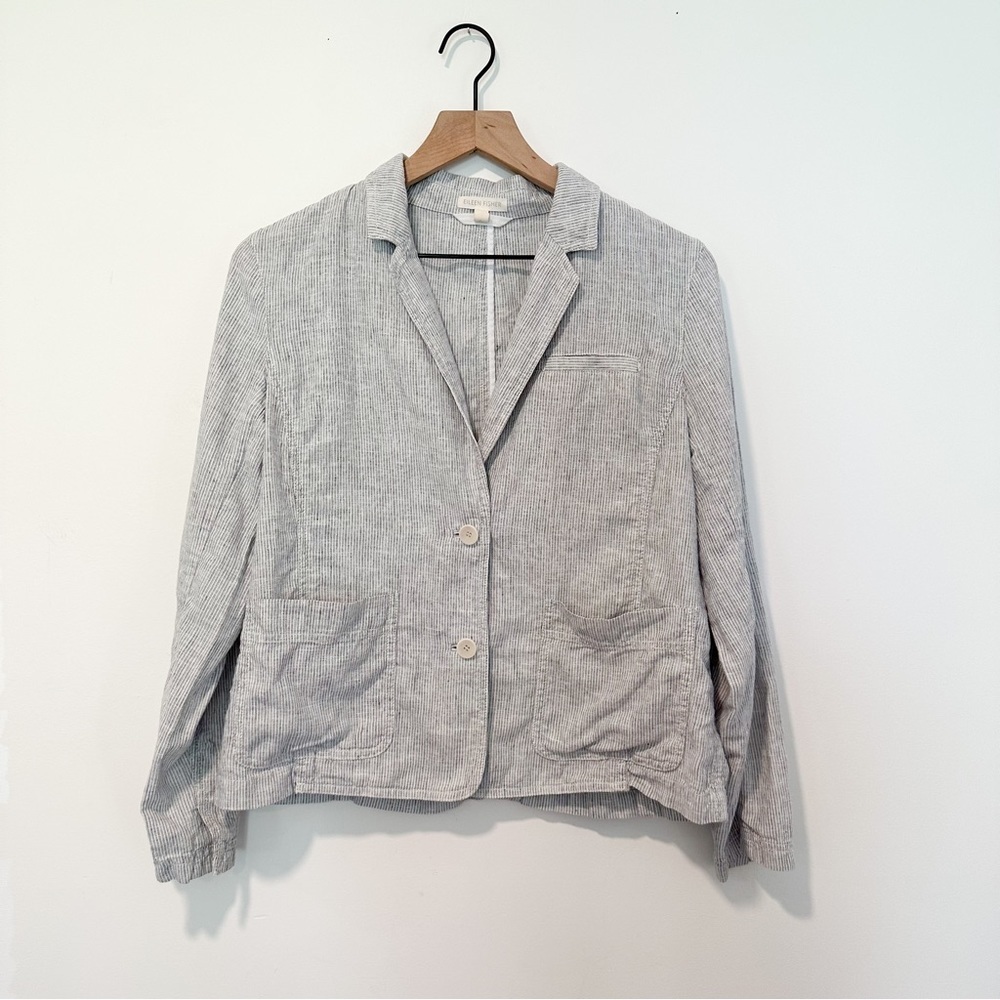 Eileen Fisher Hemp Organic Cotton Pinstripe Blazer Two Button Lightweight Casual